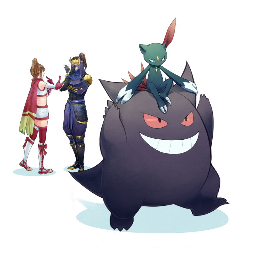 armor armored_boots boots brown_hair fake_horns game_freak gen_1_pokemon gen_2_pokemon gengar hattori_hanzo highres horned_headwear horns japanese_clothes kunoichi_(sengoku_musou) mask medium_hair ninja nintendo on_head pointing pokemon pokemon_(creature) pokemon_conquest pokemon_on_head ponytail red_eyes scarf sengoku_musou shadow short_shorts shorts side_ponytail smile sneasel thighhighs