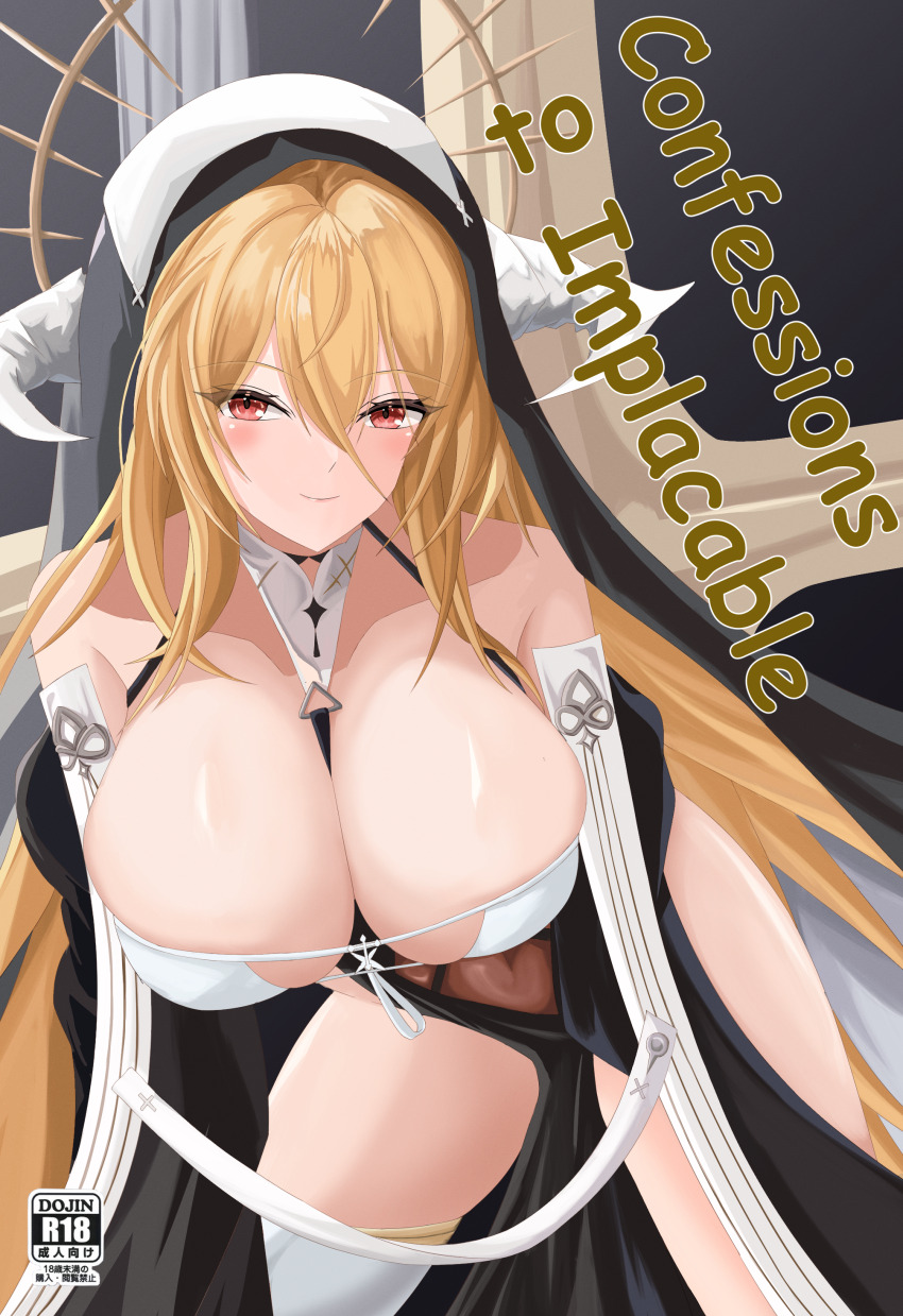 1girl absurdres azur_lane bare_shoulders blonde_hair breast_cutout breasts cleavage dress english_text fake_horns hair_between_eyes highres horns huge_breasts implacable_(azur_lane) leaning_forward long_hair long_hair_between_eyes looking_at_viewer nun pelvic_curtain red_eyes revealing_clothes solo teaoe thighhighs two-tone_dress veil very_long_hair white_horns white_thighhighs