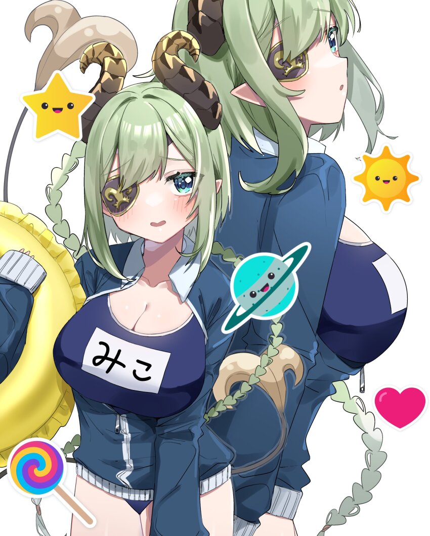 1girl absurdres blue_eyes blue_jacket blue_one-piece_swimsuit blush breasts brown_horns cleavage commentary_request cowboy_shot curled_horns demon_girl demon_horns demon_tail emoji eyepatch frilled_innertube green_hair highres holding holding_swim_ring horns innertube jacket large_breasts looking_at_viewer medium_hair multiple_views nanashi_inc. one-piece_swimsuit open_mouth partially_unzipped pointy_ears sekishiro_mico simple_background star_(symbol) swim_ring swimsuit swimsuit_under_clothes tail tamotsu_(mary) virtual_youtuber white_background yellow_innertube zipper