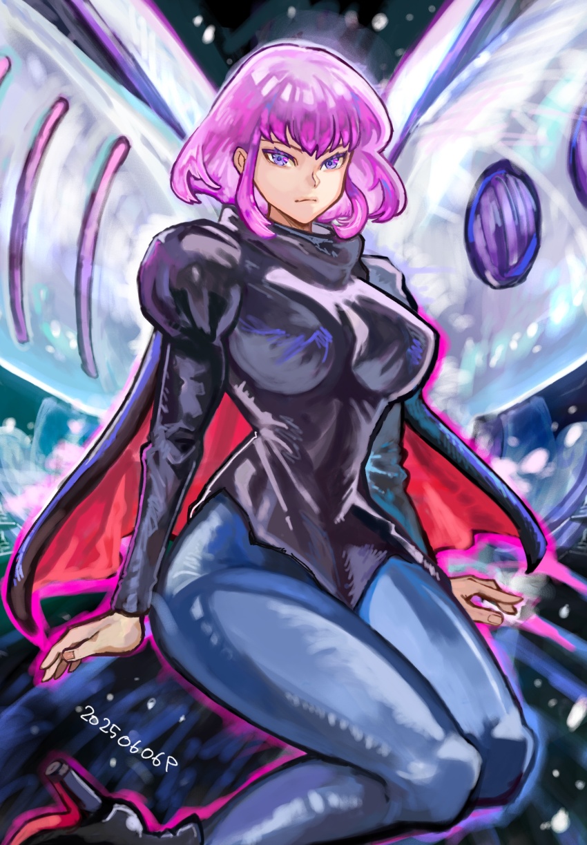 1girl absurdres blue_leggings bob_cut breasts cape gundam haman_karn high_heels highres juliet_sleeves large_breasts leggings long_sleeves looking_at_viewer mecha okrdisk2000 pink_eyes pink_hair puffy_sleeves qubeley robot science_fiction sidelocks signature sitting solo zeta_gundam