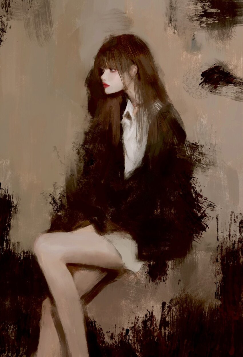 1girl black_jacket black_shirt blunt_bangs brown_hair closed_mouth cowboy_shot expressionless fuyumurasaki highres jacket original painterly realistic red_lips shirt solo