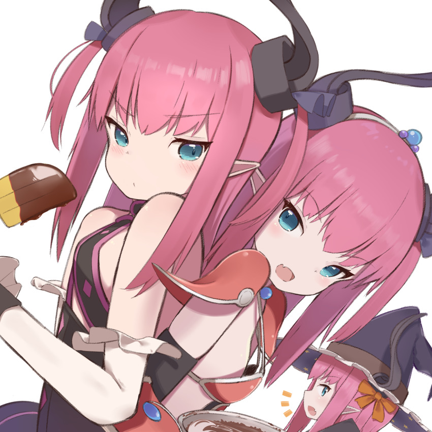3girls armor bikini bikini_armor blue_eyes boots breasts cape choker earrings elizabeth_bathory_(brave)_(fate) elizabeth_bathory_(fate) elizabeth_bathory_(first_ascension)_(fate) elizabeth_bathory_(halloween_caster)_(fate) fang fate/extra fate/grand_order fate_(series) hairband hat highres horns jewelry knee_boots long_hair multiple_girls multiple_persona open_mouth pauldrons pointy_ears purple_hair red_bikini shoulder_armor small_breasts smile swimsuit two_side_up witch_hat yomogi_uehara