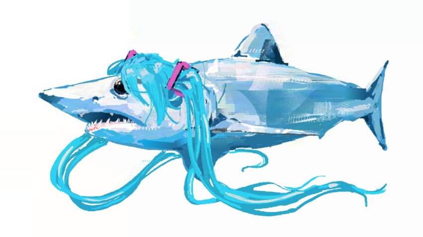 animal animal_focus aqua_hair hatsune_miku junbuug nameplay no_humans shark sharp_teeth simple_background solo teeth twintails vocaloid white_background worldwide_miku