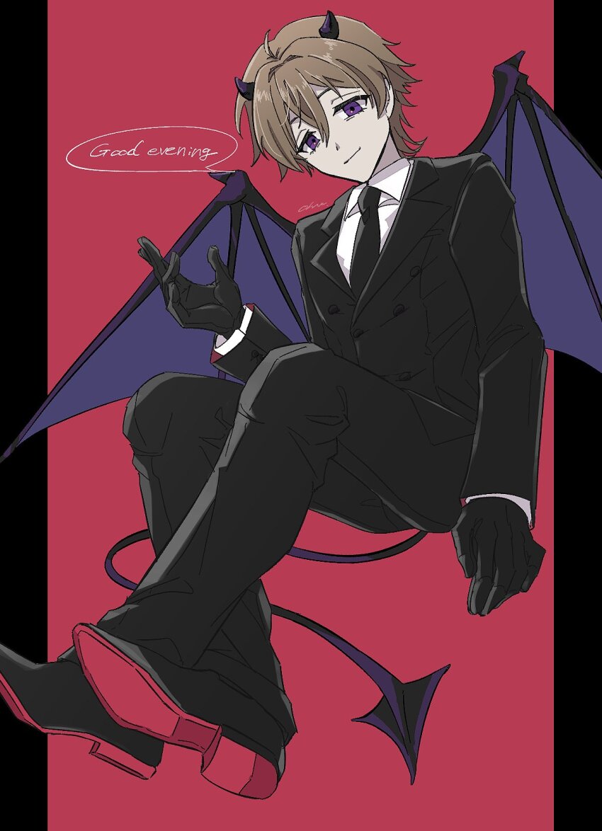 1boy alternate_costume black_gloves black_jacket black_necktie black_pants black_shoes black_suit blue_eyes brown_hair collared_shirt crossed_legs demon_boy demon_horns demon_tail demon_wings dress_pants dress_shoes english_text formal_clothes full_body gloves hand_up highres horns jacket male_focus necktie ohuman oliver_fog outside_border pants pillarboxed red_background reverse:1999 shirt shoes short_hair solo speech_bubble suit suit_jacket tail white_shirt wings