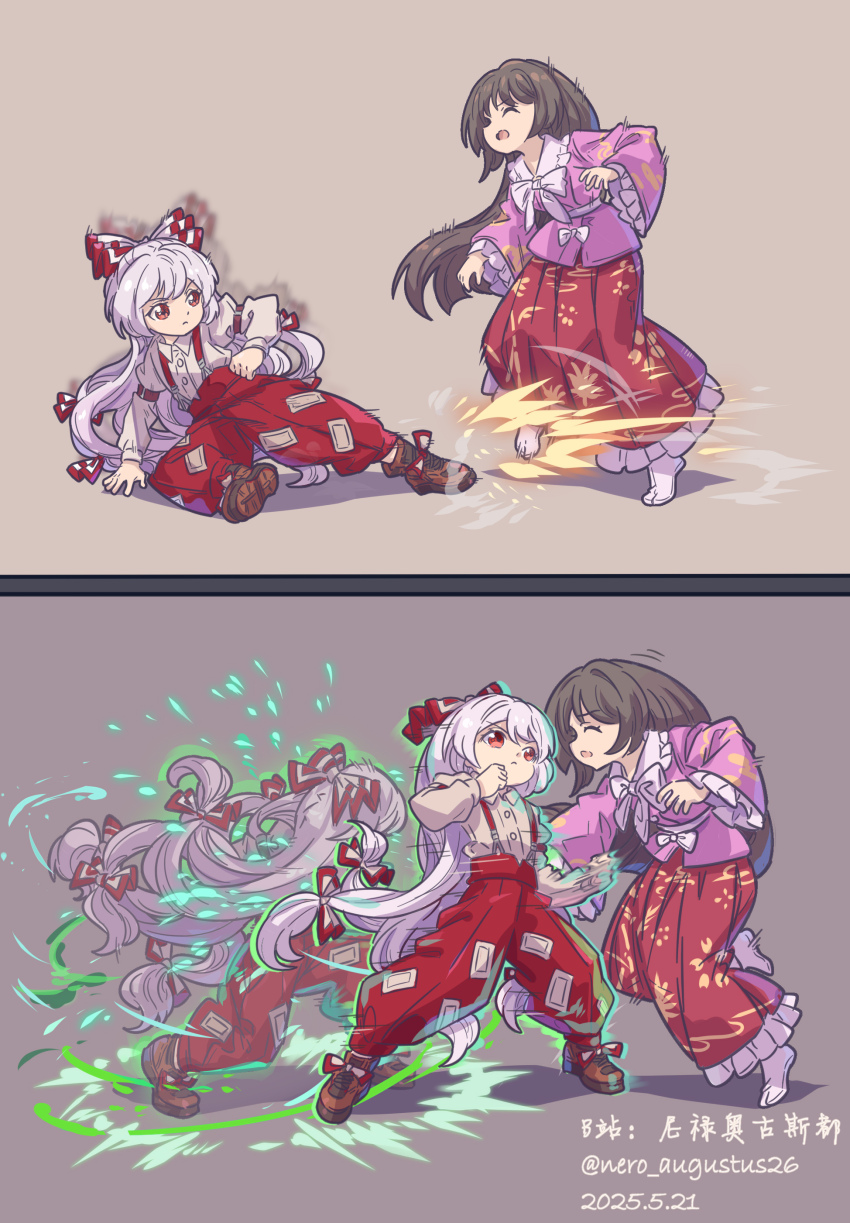 2girls absurdres afterimage aura bow brown_hair chinese_commentary combo commentary_request dashing dated drive_rush ducking fujiwara_no_mokou gameplay_mechanics green_aura hair_bow highres houraisan_kaguya jab ken_masters kicking long_hair multiple_girls multiple_hair_bows nero_augustus pink_shirt punching red_bow red_eyes red_skirt shirt signature skirt street_fighter street_fighter_6 suspender_pants touhou twitter_username white_hair