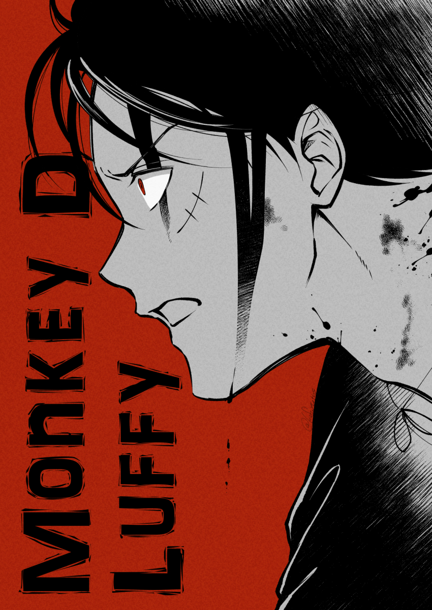 1boy blood blood_on_face character_name commentary_request from_side greyscale_with_colored_background highres kafuyutns looking_ahead male_focus messy_hair monkey_d._luffy one_piece parted_lips red_background red_eyes scar scar_on_face short_hair simple_background solo
