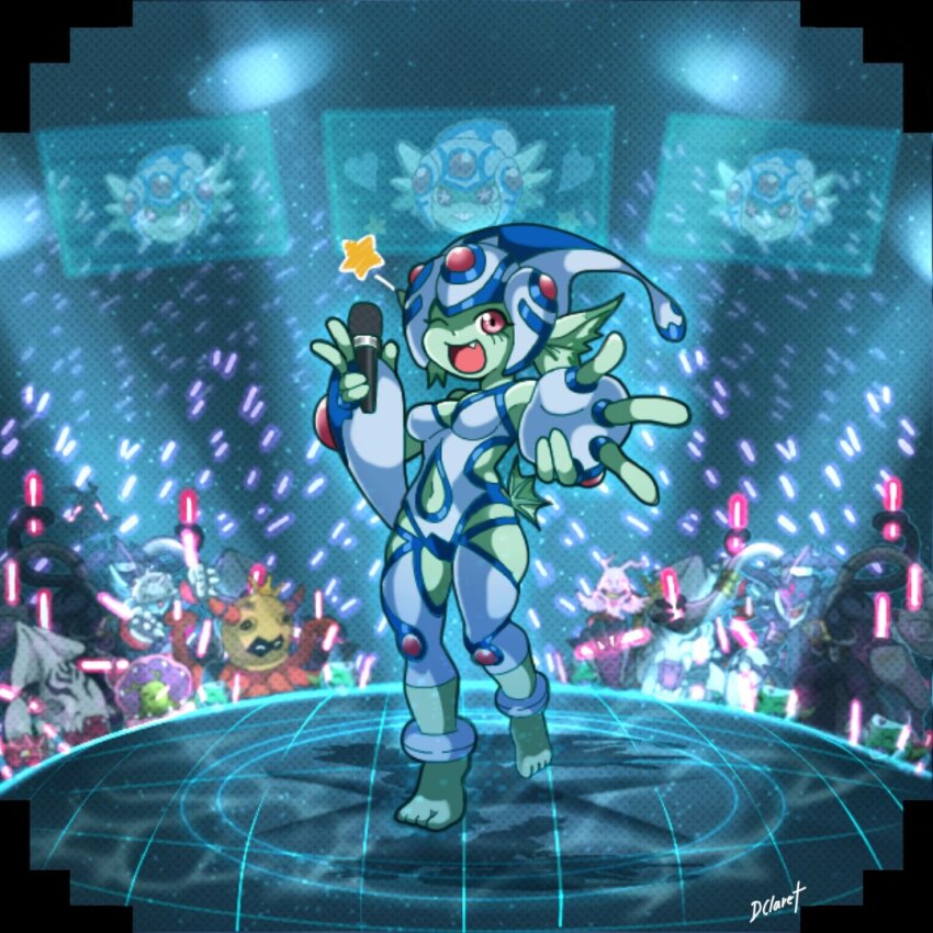 1girl 6+boys 6+others betamon blue_one-piece_swimsuit clothing_cutout curvy dclaret digimon digimon_(creature) fins frog_girl gesomon glowstick helmet holding holding_glowstick idol looking_at_viewer marinangemon marindevimon monster_girl multiple_boys multiple_others navel_cutout octmon one-piece_swimsuit pukumon ranamon shakomon shiny_skin swimsuit v wide_hips