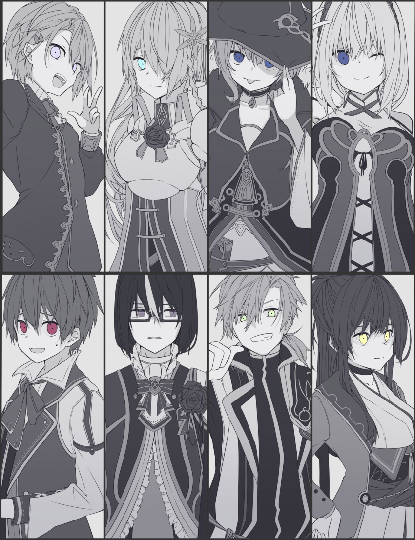 3boys 5girls adah_(grimms_notes) aqua_eyes blue_eyes breasts closed_mouth clovis_(grimms_notes) ex_(grimms_notes) fam_(grimms_notes) green_eyes grimms_notes highres iumi_urura long_hair looking_at_viewer medium_hair multicolored_hair multiple_boys multiple_girls partially_colored purple_eyes red_eyes reina_(grimms_notes) shane_(grimms_notes) short_hair smile tao_(grimms_notes) third_(grimms_notes) tongue tongue_out two-tone_hair upper_body yellow_eyes