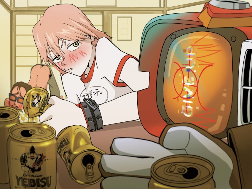 1girl ass back beer_can blush can canti drink drink_can flcl green_eyes hair_between_eyes haruhara_haruko highres nandaba_kamon pink_hair pink_punk_ponk retro_artstyle robot short_hair yebisu