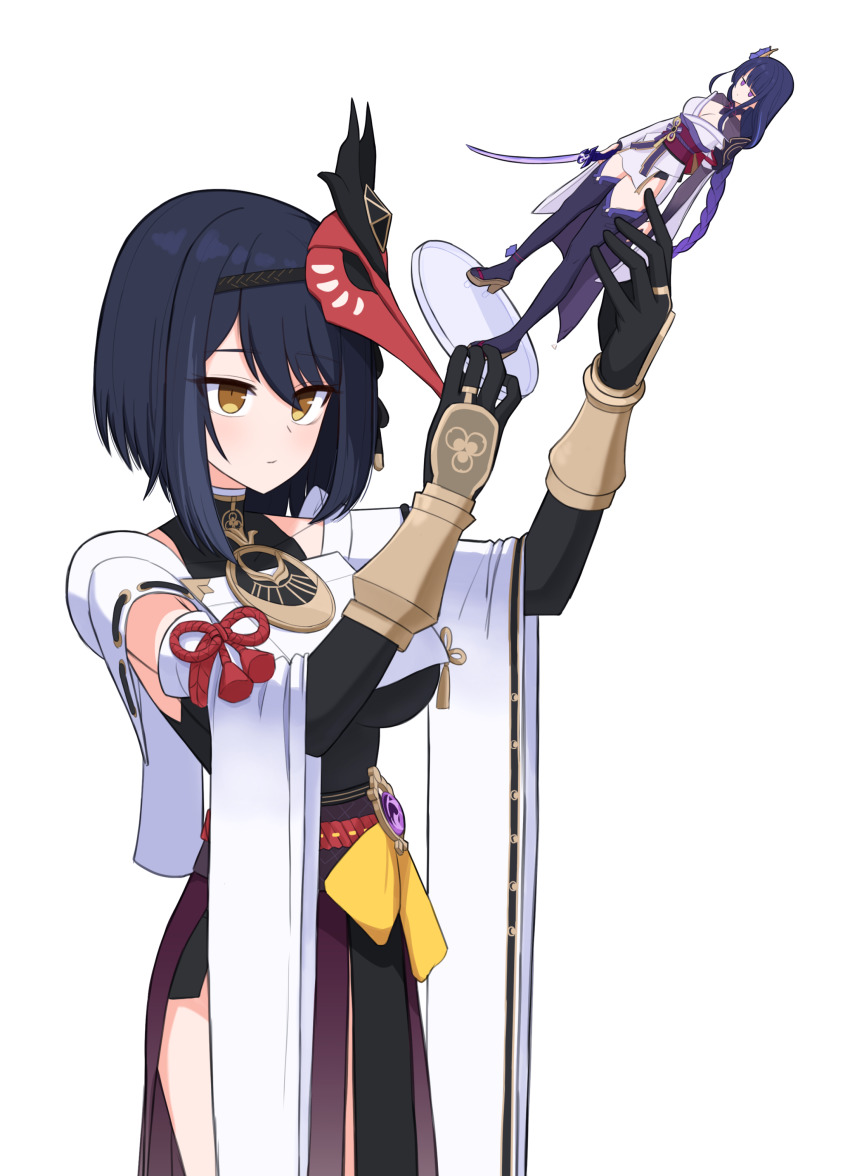 1girl absurdres bebetang bird_mask black_hair braid breast_curtain breasts closed_mouth figure figure_stand genshin_impact highres holding holding_sword holding_weapon japanese_clothes kujou_sara large_breasts long_hair low-braided_long_hair low-tied_long_hair mask mask_on_head mitsudomoe_(shape) obijime purple_hair raiden_shogun short_hair simple_background solo sword tomoe_(symbol) very_long_hair weapon white_background yellow_eyes