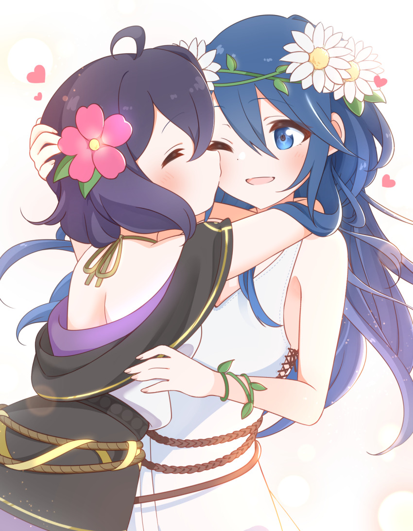 2girls alternate_costume blue_eyes blue_hair brand_of_the_exalt closed_eyes closed_mouth commission dress female_morgan_(fire_emblem) fire_emblem fire_emblem_awakening fire_emblem_heroes flower hair_between_eyes hair_flower hair_ornament heart highres ikonaska kiss kissing_cheek long_hair looking_at_another lucina_(fire_emblem) lucina_(valentine)_(fire_emblem) multiple_girls nintendo official_alternate_costume one_eye_closed open_mouth purple_hair short_hair skeb_commission sleeveless sleeveless_dress symbol_in_eye white_background white_dress yuri