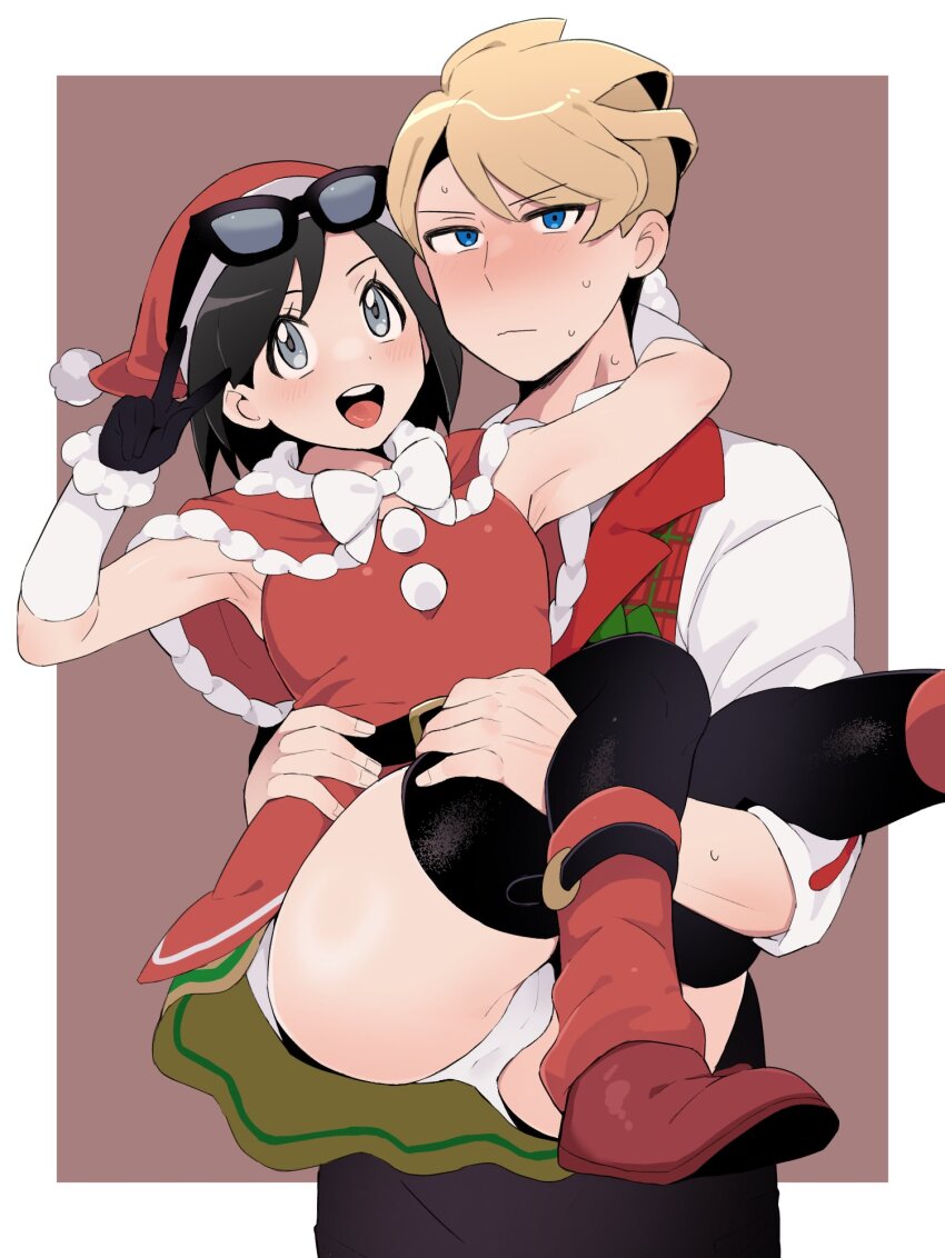 2boys :d belt black_belt black_gloves black_hair black_thighhighs blonde_hair blue_eyes blush boots calem_(pokemon) carrying commentary_request dress eyewear_on_headwear gloves grey_eyes hat highres male_focus male_underwear multiple_boys nintendo official_alternate_costume open_mouth pokemon pokemon_masters_ex pokemon_xy red_dress red_footwear red_hat red_vest sana_(37pisana) santa_hat shirt short_hair siebold_(holiday_2019)_(pokemon) siebold_(pokemon) smile sunglasses sweat teeth thighhighs tongue underwear upper_teeth_only v vest white_male_underwear white_shirt