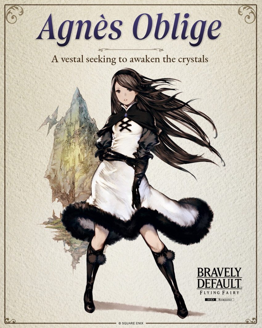 1girl agnes_oblige belt black_gloves black_hair boots bravely_default:_flying_fairy bravely_default_(series) dress elbow_gloves english_text gloves hairband hand_on_own_leg highres knee_boots long_hair long_sleeves looking_at_viewer official_art simple_background square_enix white_dress