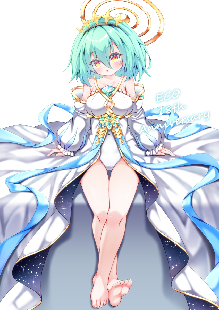 1girl anniversary bare_shoulders barefoot breasts cleavage cleavage_cutout clothing_cutout emil_chronicle_online gold_halo green_hair haneno_hitsuji highres jacket large_breasts leotard open_mouth origin_(emil_chronicle_online) sleeveless sleeveless_jacket solo star_hairband white_background white_jacket white_leotard yellow_eyes