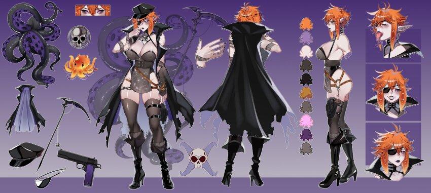 absurdres arm_tattoo black_choker black_hat black_lips black_nails black_sclera black_thighhighs blei_gotha boots breasts chain reference_sheet choker colored_sclera eyepatch eyeshadow girdle gradient_background grin gun handgun hat high_heel_boots high_heels highres holster indie_virtual_youtuber jacket key large_breasts lipstick long_tongue m1911 makeup nail_polish noodychaan octopus orange_hair pale_skin pink_eyes pointy_ears scythe sharp_teeth short_hair skull sleeveless sleeveless_jacket smile tattoo teeth tentacle_hair tentacles thigh_holster thigh_strap thighhighs tongue tongue_out torn torn_clothes torn_jacket virtual_youtuber weapon