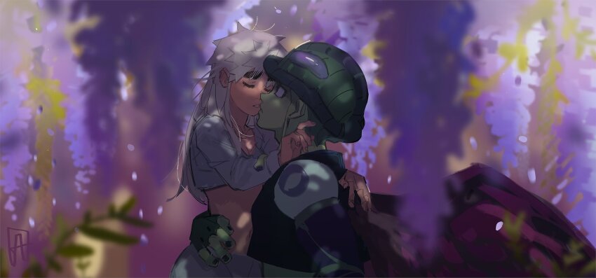 1boy 1girl arthropod_boy blind blurry blurry_foreground closed_eyes colored_skin dappled_sunlight fewer_digits flower french-unicorn green_skin highres hunter_x_hunter komugi_(hunter_x_hunter) long_sleeves meruem midriff navel parted_lips petals profile purple_flower sunlight upper_body wisteria