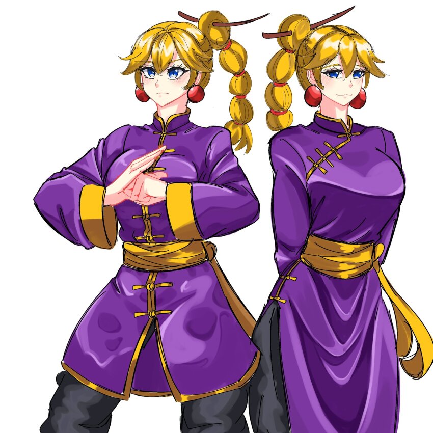 blue_hair china_dress chinese_clothes dress fighting_stance food fruit highres kung_fu kung_fu_peach long_hair mario_(series) martial_arts monk nintendo peach princess_peach princess_peach:_showtime! shaolin_monk shokkin short_sleeves