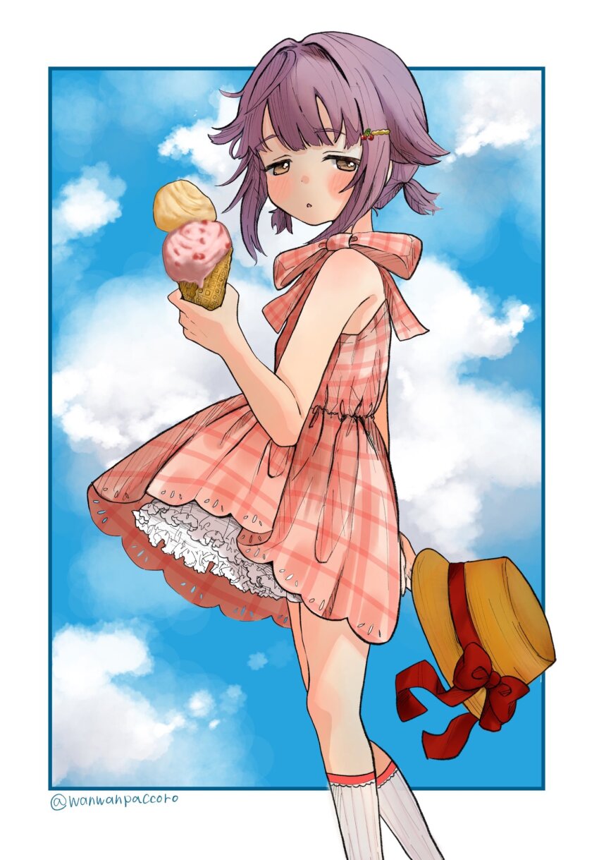 1girl bare_shoulders blush border brown_eyes cloud cloudy_sky commentary_request gingham_dress hat highres holding holding_ice_cream_cone holding_unworn_clothes holding_unworn_hat ice_cream_cone idolmaster idolmaster_cinderella_girls koshimizu_sachiko outside_border parted_lips purple_hair short_hair sky socks solo twitter_username unworn_hat unworn_headwear wanwanpaccoro white_border