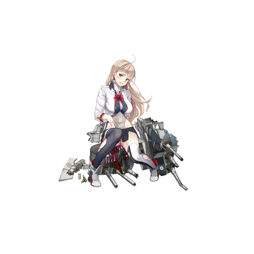 1girl ahoge asymmetrical_legwear black_skirt blonde_hair blue_thighhighs blush bow breasts broken buttons cannon cleavage covered_navel damaged double-breasted earrings frilled_cuffs full_body green_eyes grin hand_under_clothes high_collar highres jacket jewelry large_breasts long_hair looking_at_viewer machinery military_jacket miniskirt mismatched_legwear missouri_(warship_girls_r) official_art open_clothes open_jacket open_mouth pleated_skirt red_bow rigging shell ship_turret shoes sitting skirt smile solo star_(symbol) star_earrings teeth thighhighs torn_clothes transparent_background warship_girls_r white_jacket white_shoes zi_se