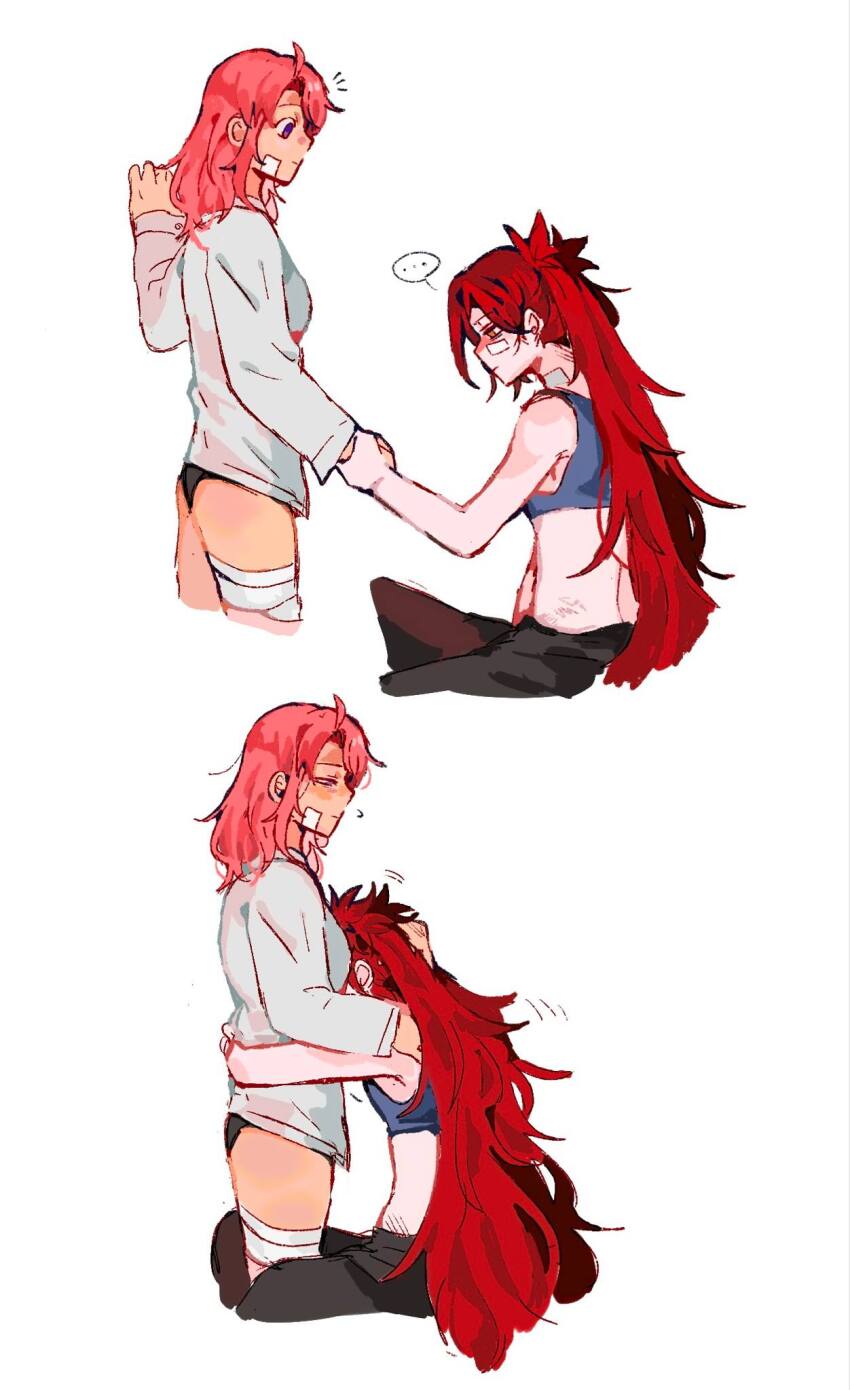 2girls bandaged_leg bandages bandaid bandaid_on_face black_panties black_pants chinese_commentary commentary_request couple headpat highres hug jinx_(league_of_legends) kid_sppinarl league_of_legends long_hair long_sleeves lux_(league_of_legends) medium_hair multiple_girls panties pants purple_eyes red_hair simple_background star_guardian_(league_of_legends) star_guardian_jinx star_guardian_lux two_side_up underwear white_background yuri