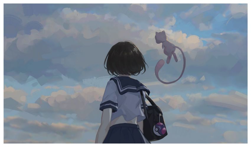 1girl bag black_bag blue_sailor_collar border brown_hair cloud commentary day from_below gen_1_pokemon handbag he_c92 highres legendary_pokemon master_ball mew_(pokemon) mythical_pokemon nintendo original outdoors pleated_skirt poke_ball pokemon pokemon_(creature) sailor_collar shirt short_hair short_sleeves skirt sky white_border white_shirt