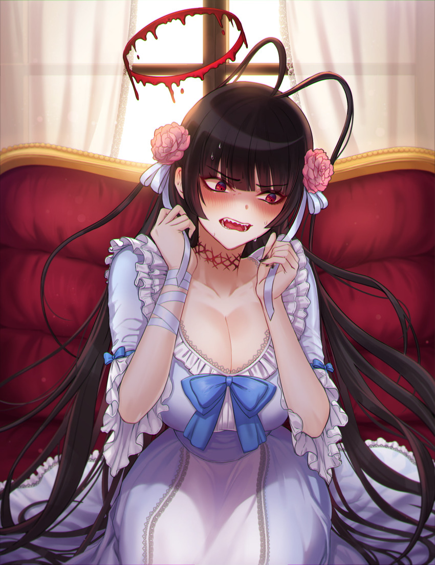 1girl absurdres antenna_hair black_hair blue_archive blue_ribbon blush breasts cleavage commentary curtains dress flower hair_flower hair_ornament highres huge_breasts indoors long_hair open_mouth pink_flower raoul_(raoul77) red_eyes ribbon sharp_teeth sitting solo teeth tsurugi_(blue_archive) tsurugi_(dress)_(blue_archive) white_dress window
