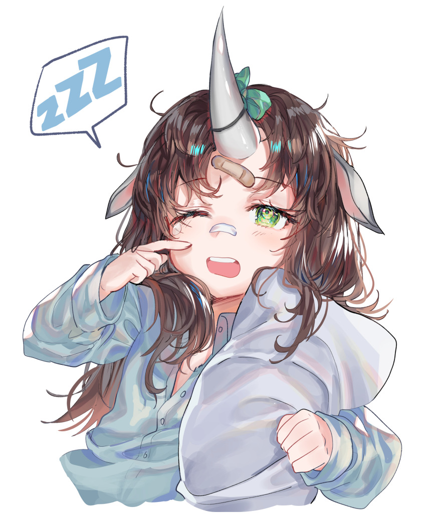 1girl 414_(hncx3355) animal_ears arknights bandaid bandaid_on_face bandaid_on_nose blue_shirt brown_hair bubble_(arknights) commentary_request green_eyes highres horns long_hair looking_at_viewer one_eye_closed open_mouth pillow shirt simple_background single_horn solo spoken_zzz upper_body white_background zzz