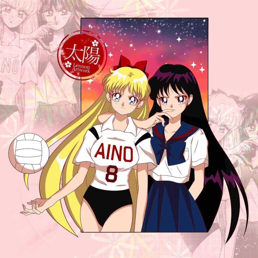 2girls aino_minako ball bishoujo_senshi_sailor_moon black_buruma black_hair blonde_hair blue_eyes bow breasts buruma clothes_writing cowboy_shot earrings female_focus flat_chest hair_bow hair_ornament hino_rei jewelry large_breasts long_hair long_sleeves multiple_girls purple_eyes red_bow school_uniform shirt_writing short_sleeves skirt sol_lennon sportswear very_long_hair volleyball_(object) volleyball_uniform
