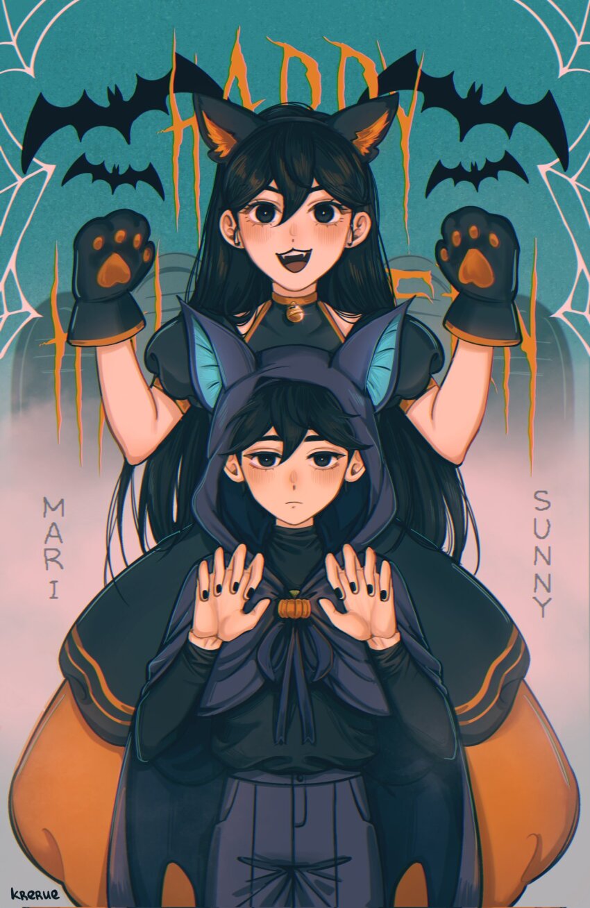 1boy 1girl alternate_costume animal_ear_hairband animal_ears artist_name bell black_dress black_eyes black_hair black_nails black_pants blush bright_pupils brother_and_sister cat_ears character_name choker closed_mouth corrupted_twitter_file double-parted_bangs dress fake_animal_ears fangs hair_between_eyes hairband halloween_costume happy_halloween highres krerue long_hair long_sleeves looking_at_viewer mari_(faraway)_(omori) mari_(omori) neck_bell omori open_mouth orange_choker pants puffy_short_sleeves puffy_sleeves short_sleeves siblings smile sunny_(omori) teeth upper_teeth_only white_pupils