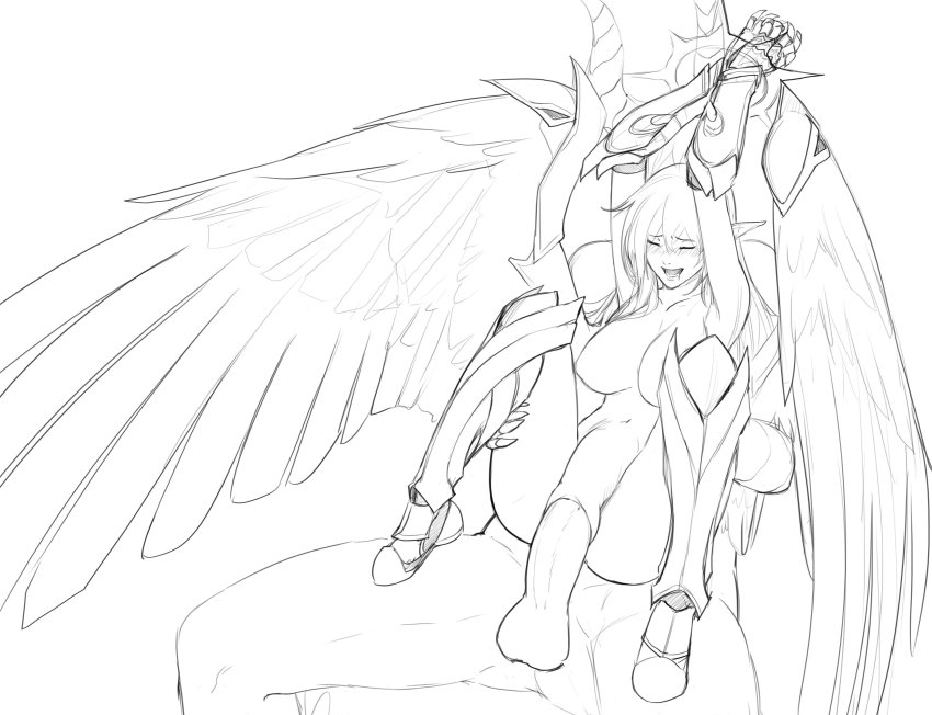 1boy 1girl absurdres angel angel_wings armor blush drooling greyscale hetero highres huge_penis less monochrome nude penis pointy_ears restrained sex sketch spread_legs stomach_bulge torogao wing_armor wings