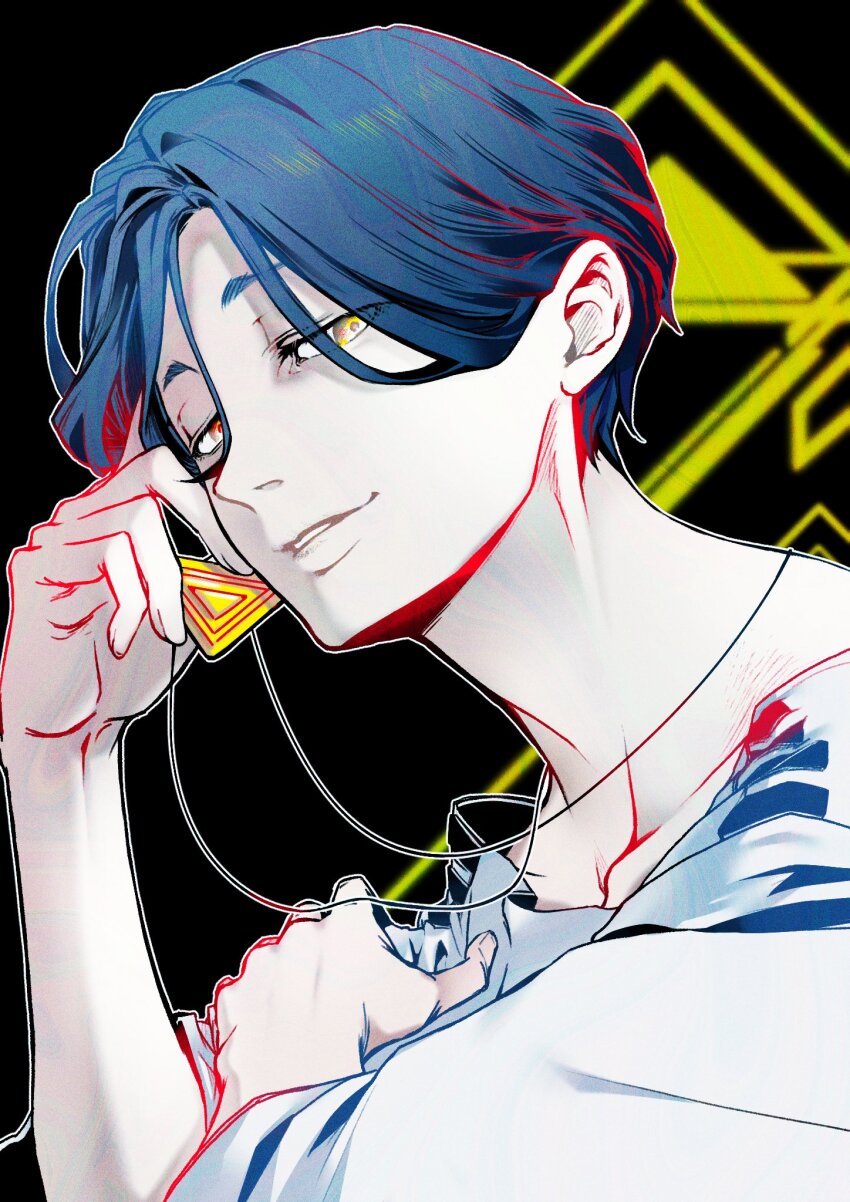 1boy artist_collaboration b1ue_e4rth black_background blue_hair commentary_request hair_between_eyes hand_up highres holding holding_jewelry holding_necklace jewelry kikkyawa looking_at_viewer male_focus meguriya_ayumu necklace shirt short_hair smile solo toshi_densetsu_kaitai_center triangle_necklace upper_body yellow_eyes