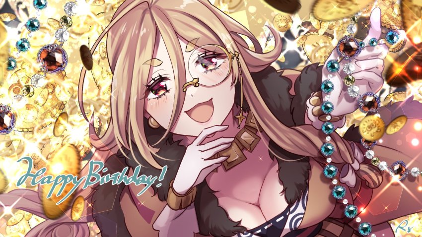 1girl blush breasts creditta_(princess_connect!) glasses happy_birthday highres large_breasts open_mouth princess_connect! rokico