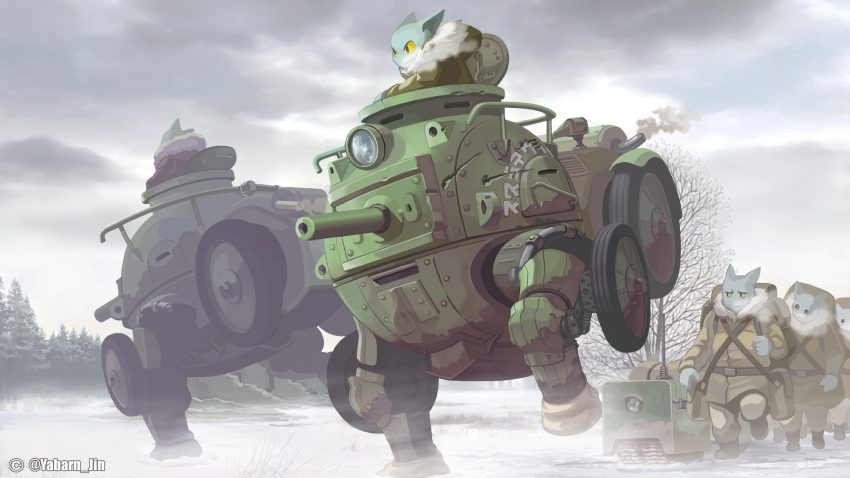 5boys animal_ears backpack bag bare_tree belt boots borrowed_character breath cat_boy cat_ears commentary_request copyright_logo exhaust_pipe fur-trimmed_jacket fur_trim furry furry_male grin highres hood hood_down hooded_jacket jacket male_focus mecha military_vehicle multiple_boys non-humanoid_robot original outdoors overcast pants rivets robot sky smile smoke snow soldier tree twitter_username wheel winter yamachan_(niconico2951569)
