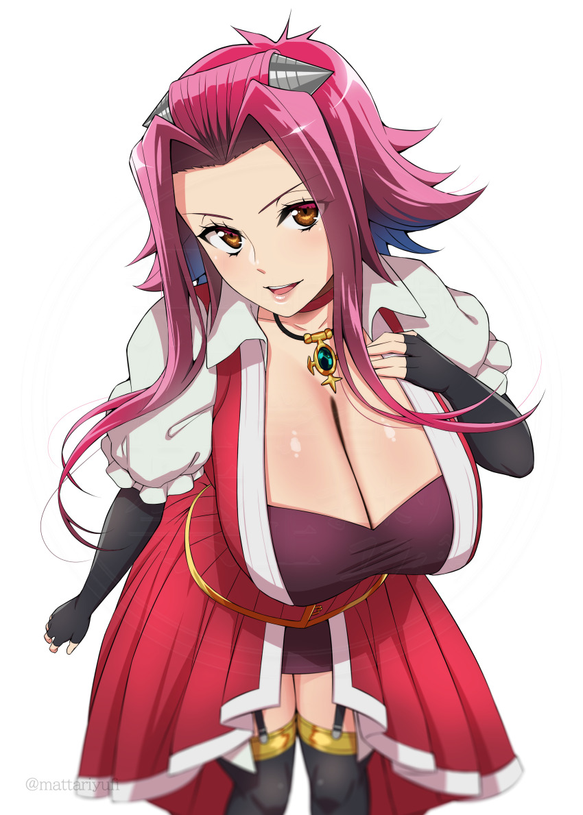 1girl absurdres black_gloves breasts cleavage commentary_request dress fingerless_gloves garter_straps gloves hair_ornament hand_on_own_chest highres izayoi_aki jewelry large_breasts lipstick looking_at_viewer makeup mattari_yufi necklace open_mouth puffy_short_sleeves puffy_sleeves red_dress red_eyes red_hair short_hair short_sleeves skirt solo thighhighs twitter_username upper_body white_background yu-gi-oh! yu-gi-oh!_5d&#039;s