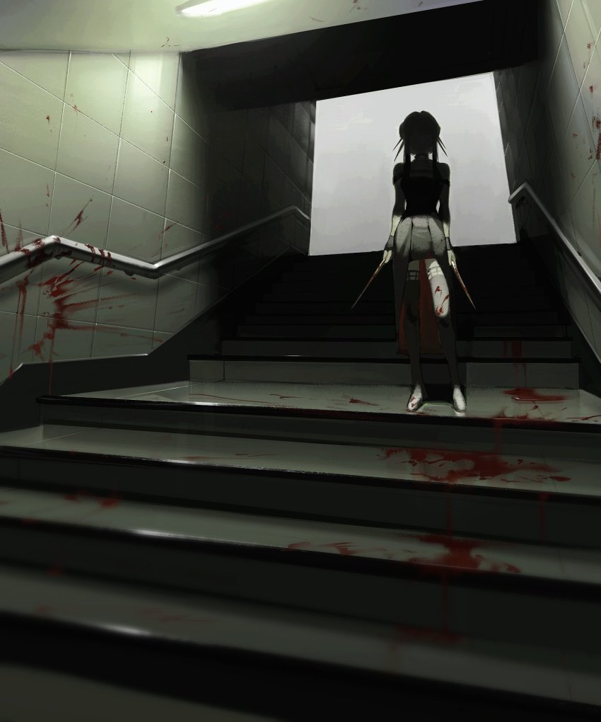 1girl arms_at_sides black_dress black_thighhighs blood blood_on_clothes blood_on_wall blood_splatter bloody_weapon ceiling_light chikapuka choker dagger dress dual_wielding facing_viewer fluorescent_lamp hair_ornament highres holding holding_weapon indoors knife railing shade sidelocks sleeveless sleeveless_dress solo spikes spy_x_family stairs standing stiletto_(weapon) thighhighs tile_wall tiles train_(clothing) two-sided_fabric two-sided_skirt weapon wrist_cuffs yor_briar