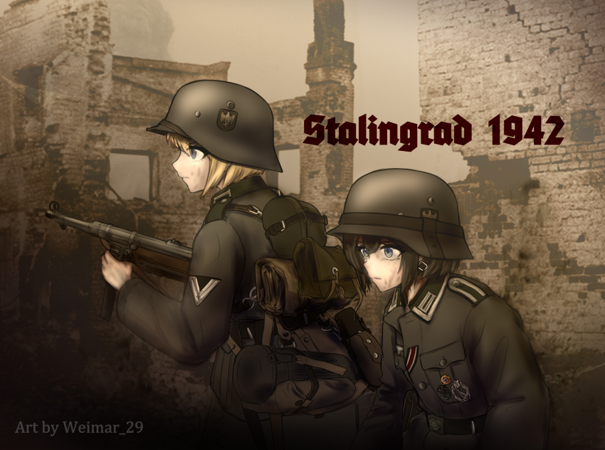 1942 2girls artist_name bag black_hair black_jacket blonde_hair blue_eyes closed_mouth combat_helmet english_text gun hair_between_eyes helmet highres holding holding_gun holding_weapon jacket krista_(erica_(naze1940)) leyna_koch looking_ahead military_jacket military_uniform mp40 multiple_girls nazi nazi_party_pin open_mouth original photo_background photoshop_(medium) reichsadler ruins short_hair shoulder_strap submachine_gun swastika twitter_username upper_body war weapon weimar_29