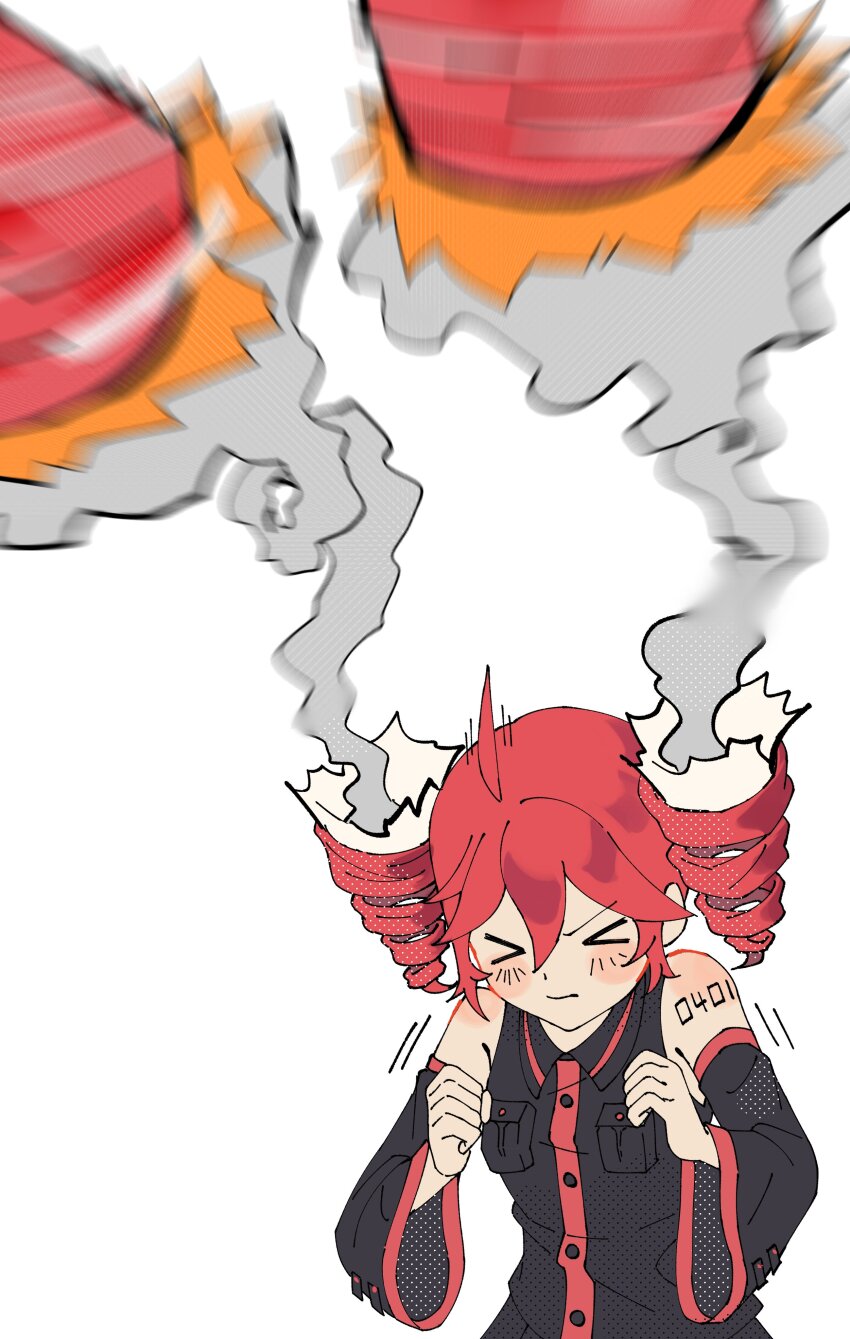 &gt;_&lt; 1girl absurdres ahoge black_hair black_shirt black_sleeves clenched_hands collared_shirt commentary_request detached_sleeves drill_hair hair_weapon halftone highres kasane_teto kasane_teto_(utau) missile motion_blur number_tattoo red_hair senri_(hrydy_o) shirt shoulder_tattoo simple_background smoke smoke_trail solo tattoo twin_drills upper_body upright_ahoge utau white_background wide_sleeves