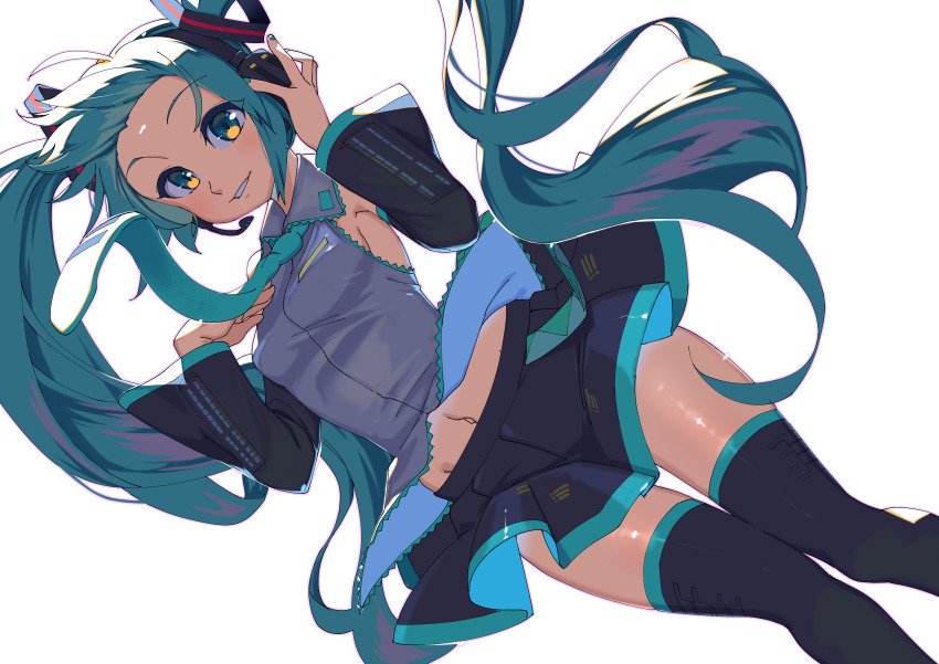 1girl absurdres aqua_eyes aqua_hair aqua_necktie backlighting black_skirt breasts commentary detached_sleeves english_commentary floating_clothes floating_hair grey_shirt hatsune_miku headphones highres long_hair midriff miniskirt necktie orange_eyes outline pink_outline pleated_skirt riza23 shirt skirt small_breasts solo thighhighs transparent_background very_long_hair vocaloid zettai_ryouiki