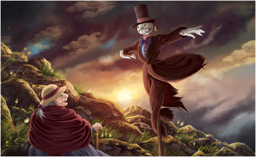 00s 1boy 1girl bird black_eyes cane cloud gloves grass grey_hair hat howl_no_ugoku_shiro kakashi_no_kabu looking_up mountain necktie old old_woman smoking_pipe ponytail realistic rock scarecrow sophie sophie_(howl_no_ugoku_shiro) studio_ghibli top_hat white_gloves