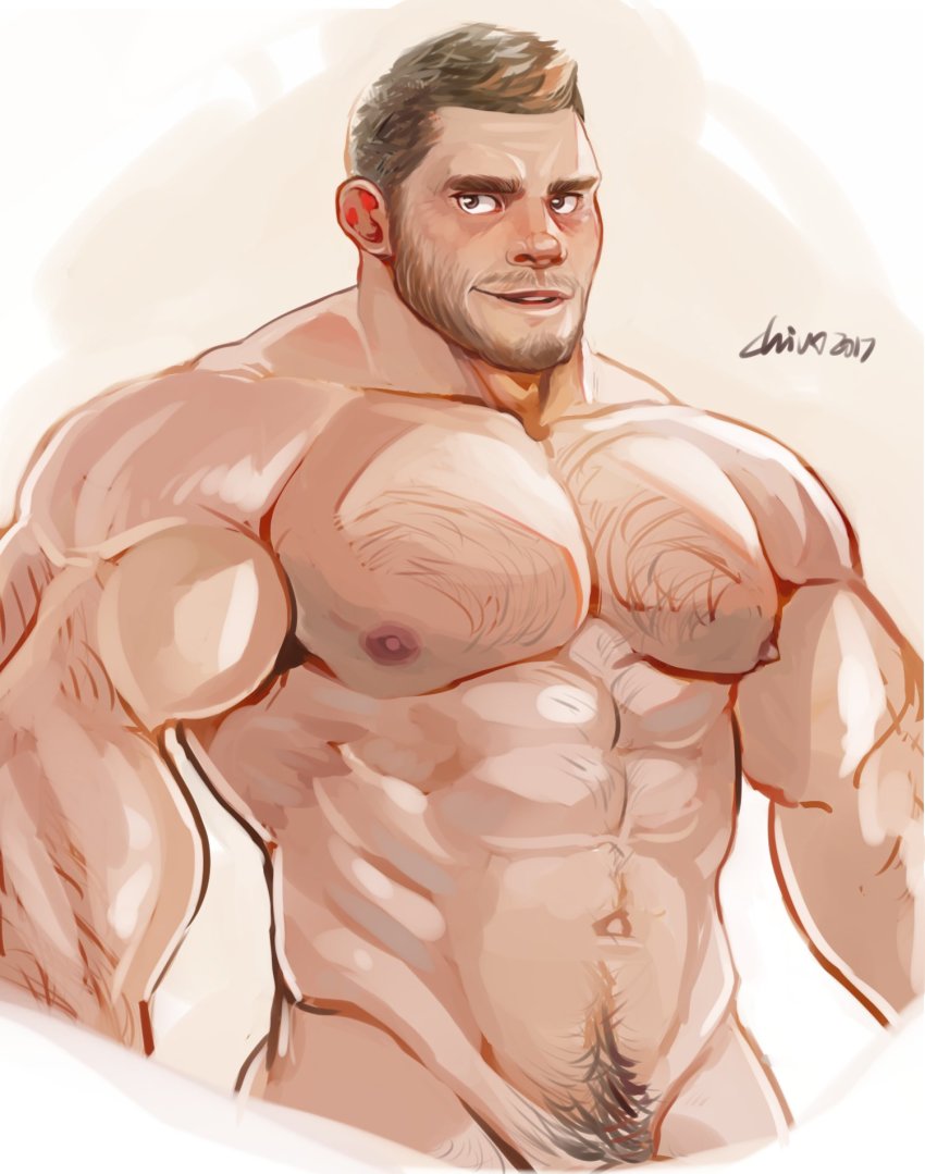 1boy abs arm_hair bara beard blush brown_hair chest_hair chivo_(kalchivo) completely_nude cropped_legs facial_hair hairy highres large_pectorals looking_at_viewer male_focus male_pubic_hair mature_male muscular muscular_male navel navel_hair nipples nude original pectorals pubic_hair short_hair smile solo stomach