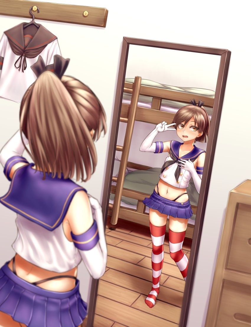 1girl absurdres bed black_hairband black_neckerchief black_panties black_sailor_collar blue_sailor_collar blue_skirt brown_hair bunk_bed commentary cosplay crop_top elbow_gloves full-length_mirror gloves hairband highleg highleg_panties highres kantai_collection microskirt miniskirt mirror neckerchief ohaduke panties pleated_skirt ponytail reflection sailor_collar school_uniform serafuku shikinami_(kancolle) shikinami_kai_ni_(kancolle) shimakaze_(kancolle) shimakaze_(kancolle)_(cosplay) short_hair sideways_glance skirt sleeveless solo striped_clothes striped_thighhighs thighhighs underwear unworn_clothes v v_over_eye walk-in white_gloves
