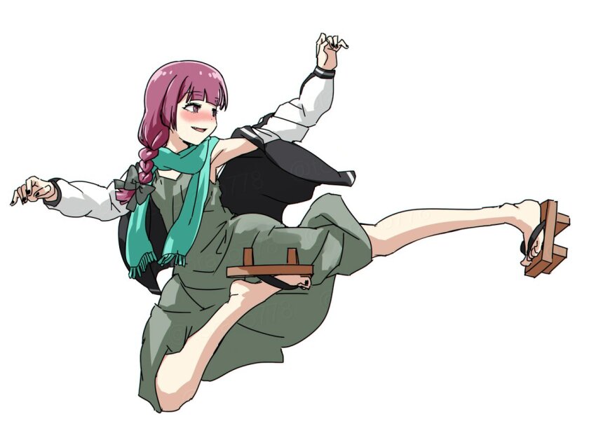 1girl aqua_scarf black_jacket black_nails blush bocchi_the_rock! bow dress fang fighting_game fingernails full_body geta green_bow green_dress hair_bow hair_over_shoulder hiroi_kikuri hokuto_no_ken hokuto_no_ken:_shinpan_no_sousousei_kengou_retsuden jacket long_hair long_sleeves low-braided_long_hair low-tied_long_hair medium_dress multicolored_jacket nail_polish nose_blush open_clothes open_jacket open_mouth pink_eyes pink_hair scarf simple_background smile solo toenail_polish toenails torako_(toramaru) twitter_username two-tone_jacket watermark white_background white_jacket yuda_(hokuto_no_ken)
