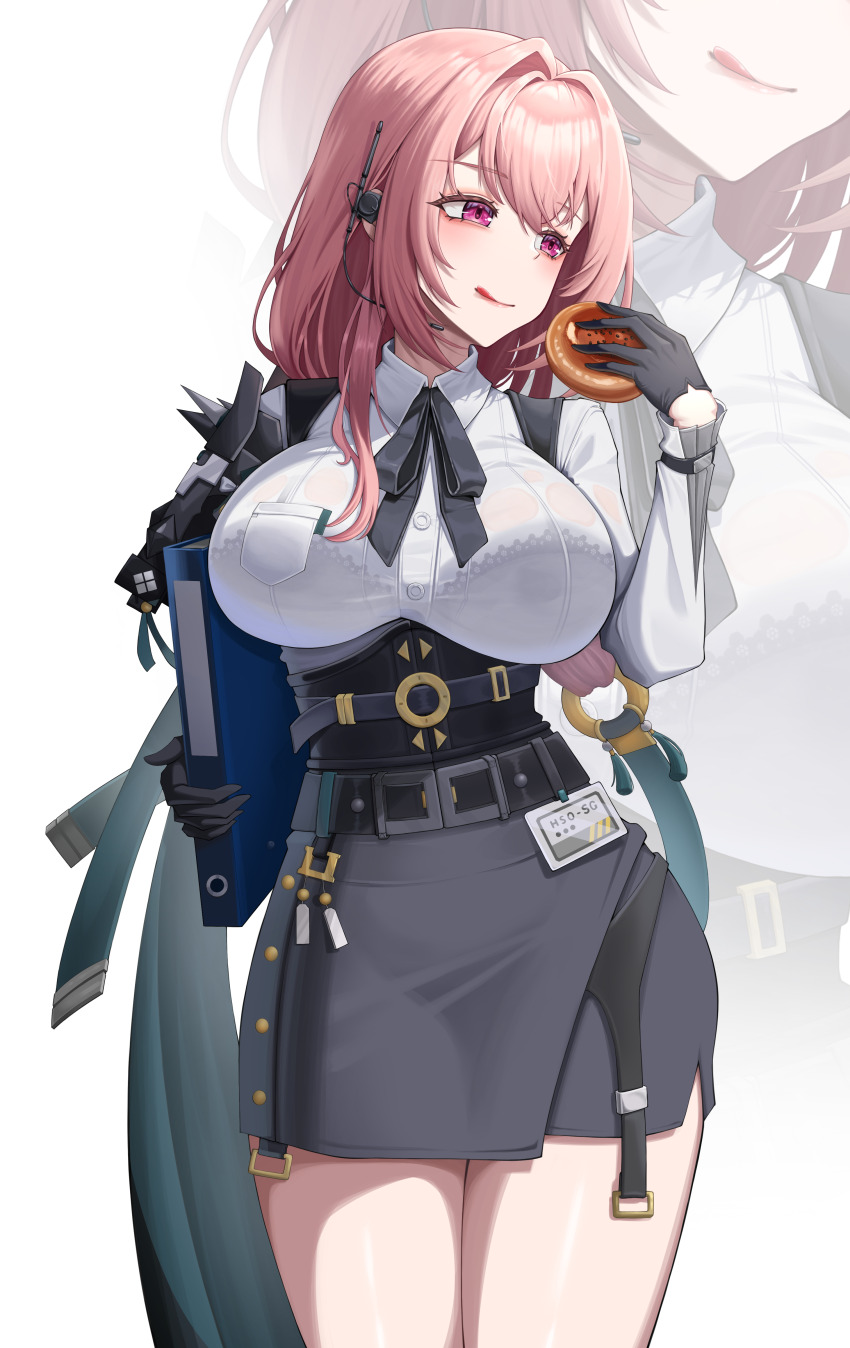 1girl absurdres black_gloves black_skirt bra_visible_through_clothes breasts commentary_request cowboy_shot earphones folder food gloves highres holding holding_folder holding_food large_breasts licking_lips long_hair moragon584 pencil_skirt pink_hair purple_eyes shirt skirt solo thighs tongue tongue_out tsukishiro_yanagi white_background white_shirt zenless_zone_zero zoom_layer