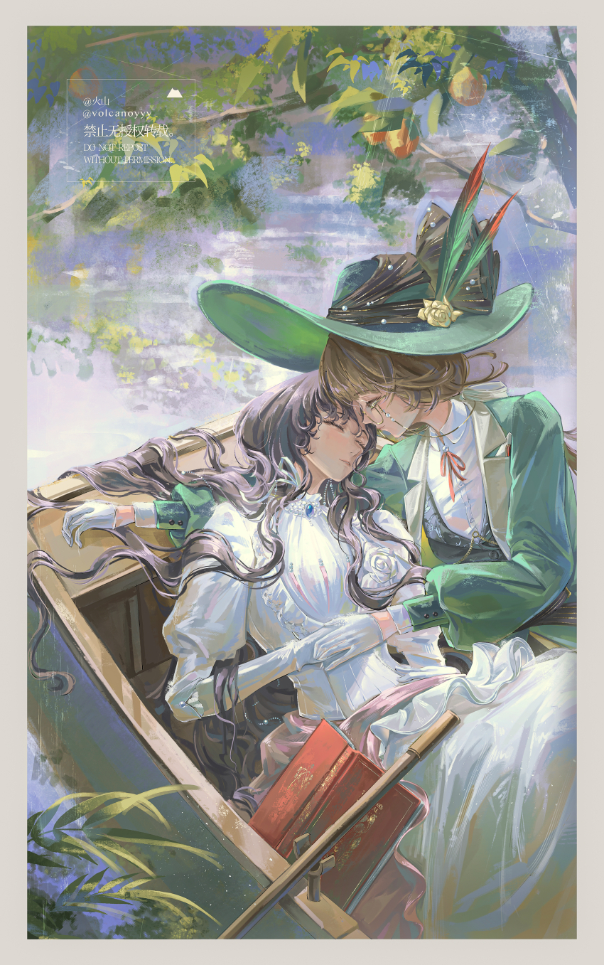 2girls absurdres arm_pillow artist_name black_hair black_vest blue_brooch boat book border brown_hair commentary_request dress eyewear_strap green_hat green_jacket grey_border hair_flowing_over hair_spread_out hand_on_another&#039;s_hand hand_on_own_stomach hat hat_feather head_on_arm highres isolde_(reverse:1999) jacket kakania_(reverse:1999) lapels looking_at_another multiple_girls neck_ribbon notched_lapels oar on_boat outdoors picture_hat puffy_sleeves red_ribbon reverse:1999 ribbon round_eyewear sleeping two-tone_feathers vest volcanoyyy watercraft white_dress