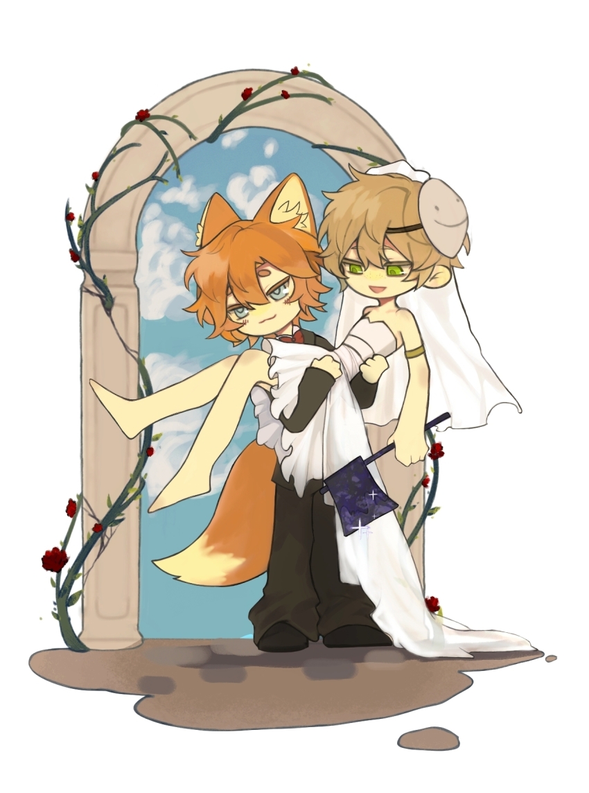 2boys :3 animal_ears arch armlet axe barefoot blonde_hair blue_eyes bow bowtie bridal_veil carrying carrying_person chinese_commentary commentary_request couple crossdressing deformed dream_(youtuber) dress fengtangjiangxiaotianshi flower formal_clothes fox_boy fox_ears fox_tail full_body fundy_(youtuber) green_eyes hair_between_eyes highres holding holding_axe humanization jewelry jitome male_focus mask mask_on_head minecraft_axe minecraft_youtube multiple_boys open_mouth orange_hair plant princess_carry red_flower red_rose rose short_hair simple_background smiley_face standing suit tail unworn_mask veil vines wedding wedding_dress white_background white_dress yaoi