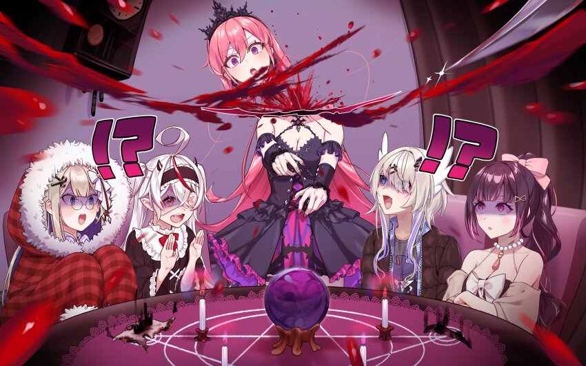 !? 5girls absurdres ahoge alternate_costume alternate_hairstyle ama_(pixiv_50406250) amanogawa_shiina amanogawa_shiina_(1st_costume) black_collar black_dress black_feathers black_hair black_hairband black_horns black_jacket black_tiara blonde_hair blood blood_spray blue_eyes blue_shirt blunt_ends blurry blurry_foreground blush bow bowtie breasts breath candle center-flap_bangs character_print cleavage clock collar collared_shirt commentary crystal_ball cuckoo_clock decapitation double-parted_bangs down_jacket dress english_commentary eyepatch eyes_visible_through_hair fang feathers frilled_collar frilled_dress frilled_hairband frills fur-trimmed_hoodie fur_trim guro h2osakana hair_between_eyes hair_bow hair_ornament hair_over_one_eye hairband head_wings high_ponytail highres himemiya_rie hood hoodie horns indoors jacket layered_clothes long_hair looking_ahead looking_at_another looking_up mole mole_under_eye multicolored_hair multiple_girls official_alternate_hairstyle one_eye_covered open_clothes open_jacket open_mouth open_shirt orb pentagram phase_connect pink_bow pink_eyes pink_hair ponytail purple_eyes red_bow red_bowtie red_eyes red_hair red_hoodie remilia_nephys rinkou_ashelia rinkou_ashelia_(3rd_costume) runie_ruse scissors_hair_ornament shaded_face shirt sitting sparkle streaked_hair surprised tassel teeth tiara two_side_up upper_teeth_only virtual_youtuber wavy_hair white_bow white_hair white_wings wings zipper