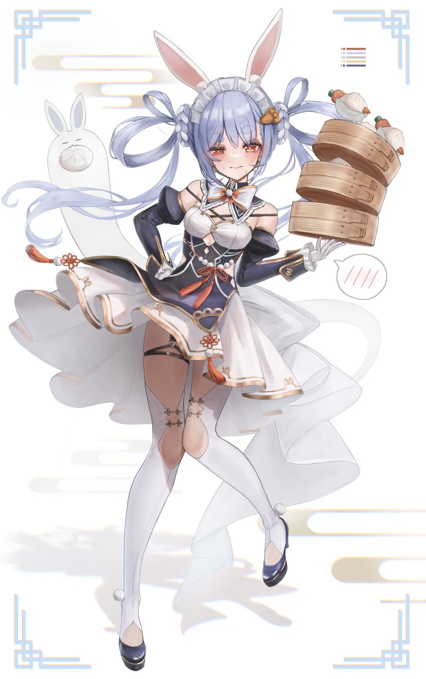 1girl absurdres animal_ear_fluff animal_ears black_collar black_dress black_sleeves blue_hair blush bow breasts closed_mouth collar commentary detached_sleeves dress english_commentary food frilled_collar frills gloves high_heels highres hololive long_hair maison_de_cante pom_pom_(clothes) puffy_sleeves rabbit-shaped_pupils rabbit_ears red_eyes skirt skirt_under_dress solo spoken_blush steamed_bun sweat symbol-shaped_pupils tassel thighhighs usada_pekora virtual_youtuber white_bow white_gloves white_skirt white_thighhighs