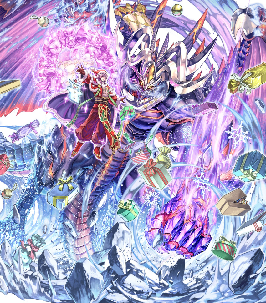 1boy demon demon_horns evil_smile fire_emblem fire_emblem_heroes fomortiis_(fire_emblem) fomortiis_(winter)_(fire_emblem) highres horns lyon_(fire_emblem) lyon_(winter)_(fire_emblem) nintendo non-web_source official_alternate_costume official_art santa_costume smile