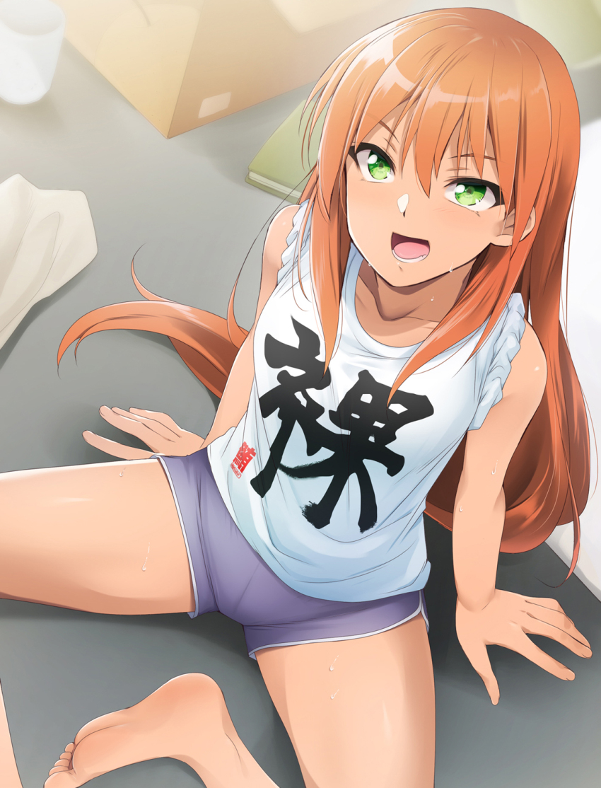 1girl :d akai_homura arm_support barefoot book box breasts green_eyes highres indoors kaiga long_hair open_mouth orange_hair shirt short_shorts shorts sitting sleeves_rolled_up small_breasts smile solo sweat tokimeki_memorial tokimeki_memorial_2 white_shirt