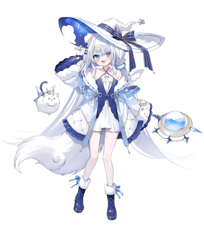 1girl animal_ears artist_request asymmetrical_legwear bare_shoulders blue_bow blue_eyes bow cloud_hair_ornament crescent_moon dog_ears dog_tail fang four-pointed_star full_body gloves hair_bow hair_ornament hairclip hat heterochromia highres holding holding_staff light_blush long_hair moon multiple_hair_bows official_art pantyhose purple_eyes solo specialite_(company) staff tail transparent_background utahime_mochizuki very_long_hair virtual_youtuber white_gloves white_pantyhose witch_hat